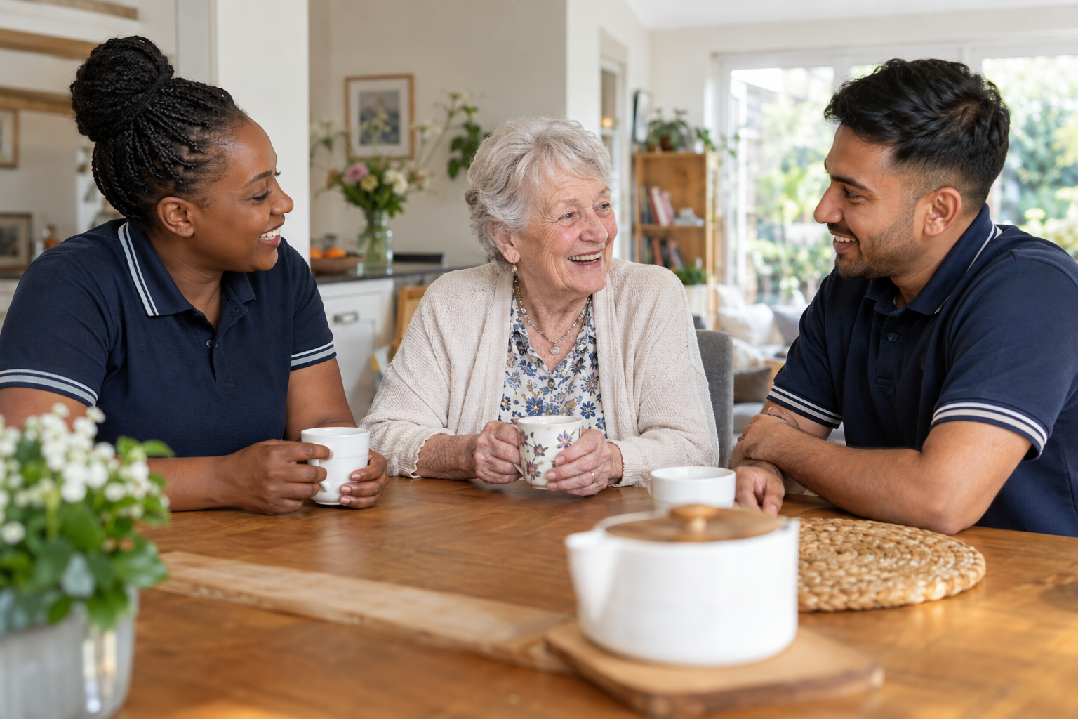 Illustrative care workers and an older woman talking together at home
