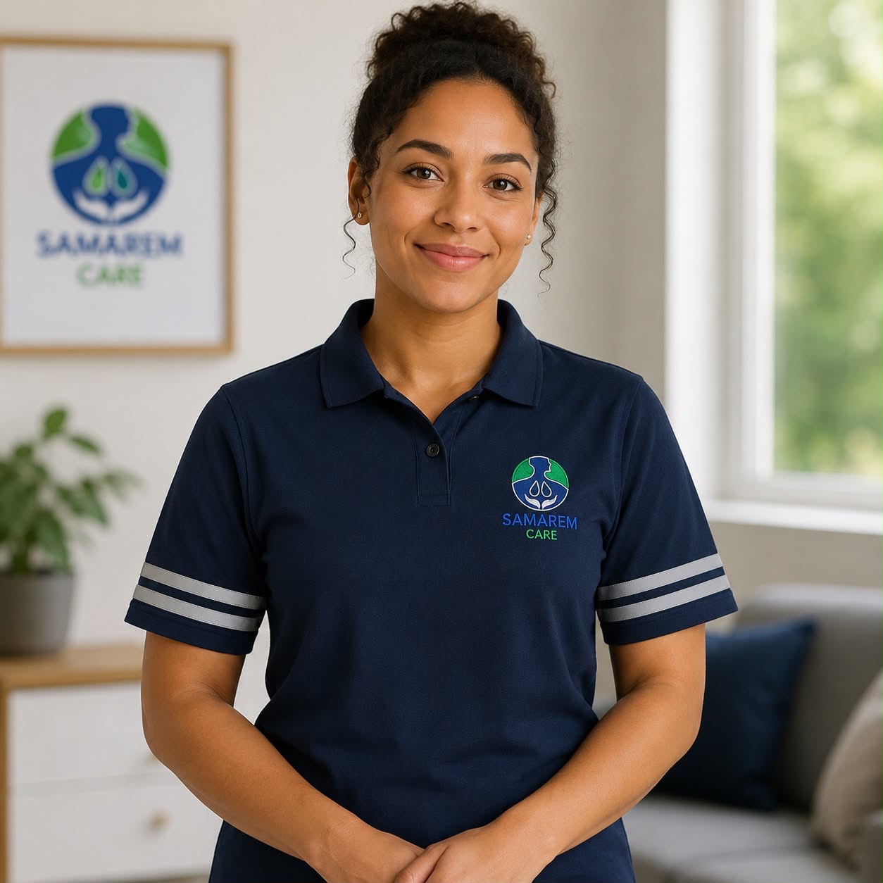 Illustrative care worker in a Samorem uniform